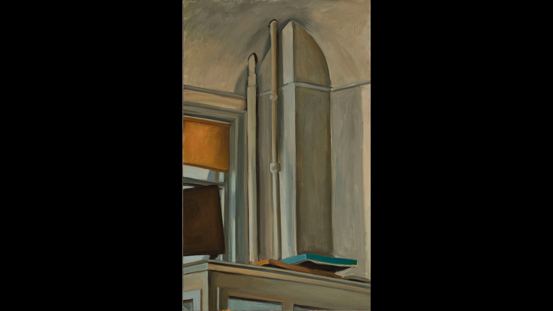 a painting of a room with a window and a shelf