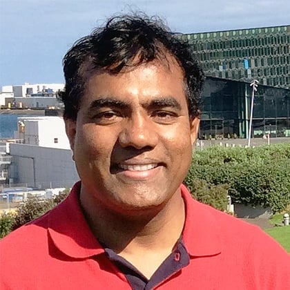 a man in a red shirt