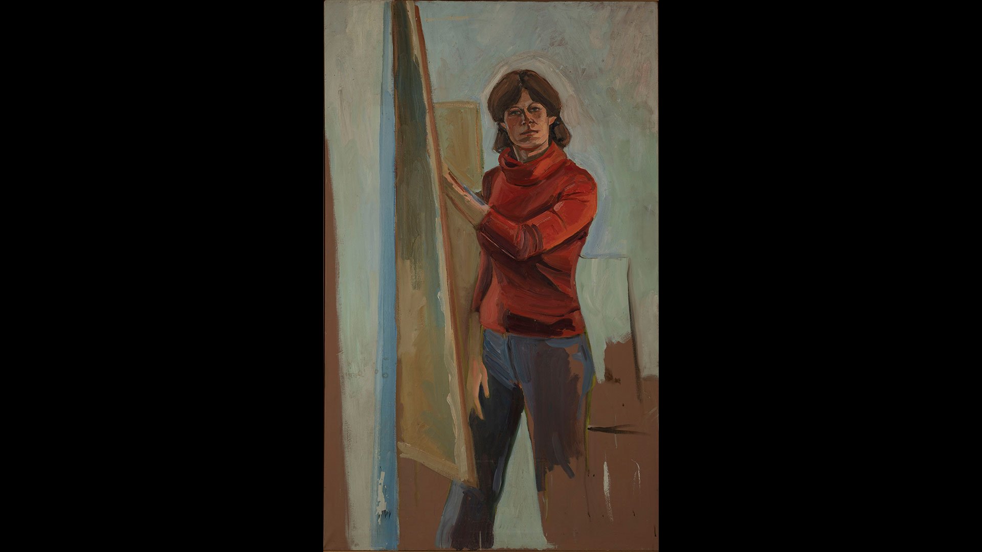 a painting of a woman holding a large canvas