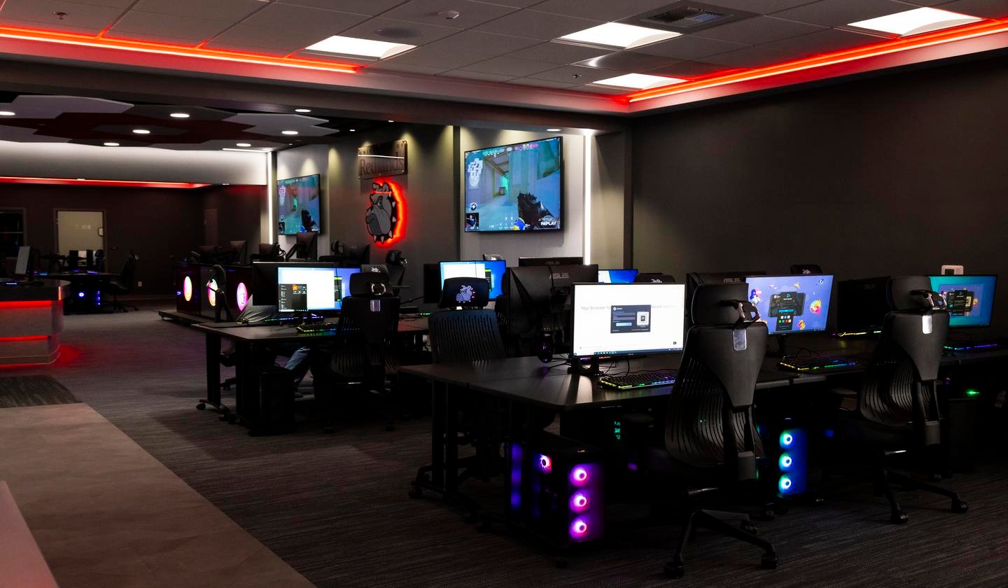 a room with computers and monitors