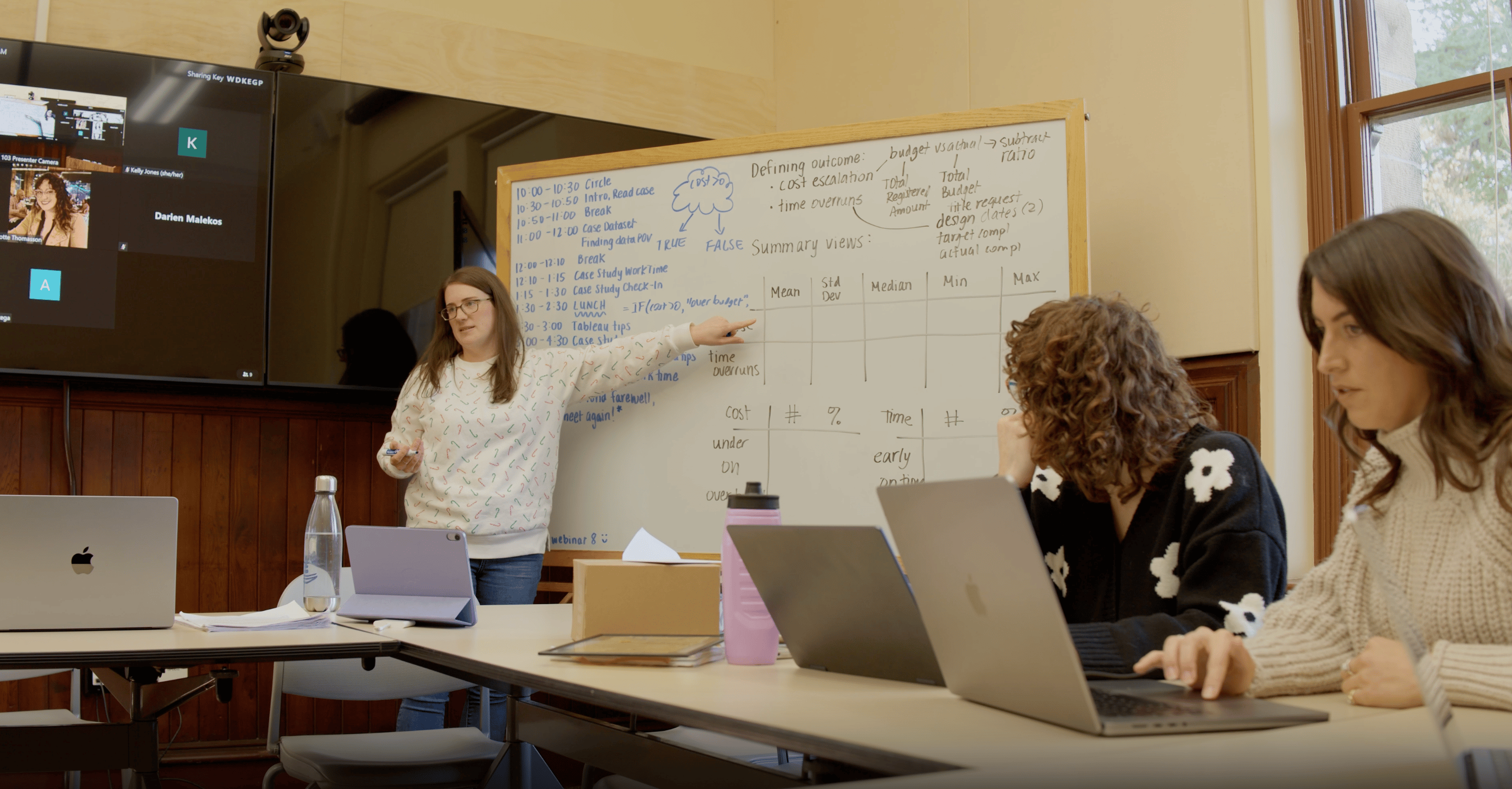 a woman pointing at a whiteboard