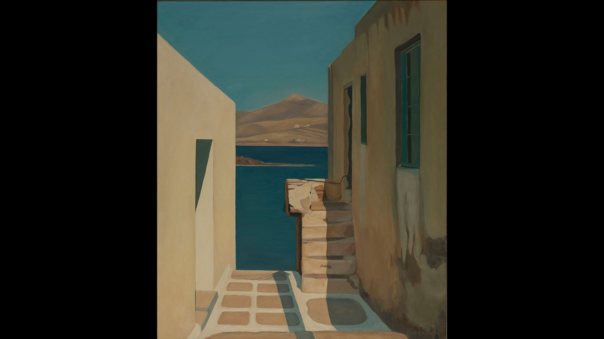 a painting of a building with a body of water in the background