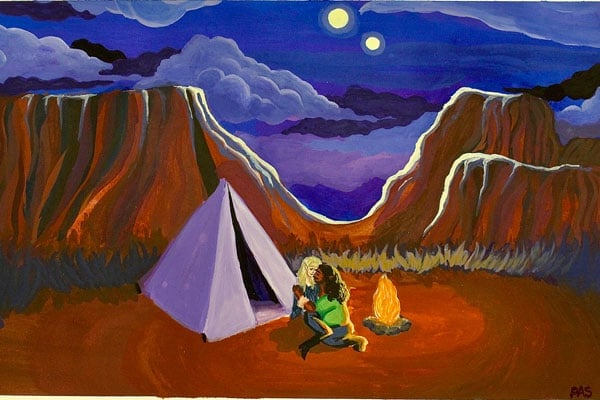 a painting of two people sitting next to a tent