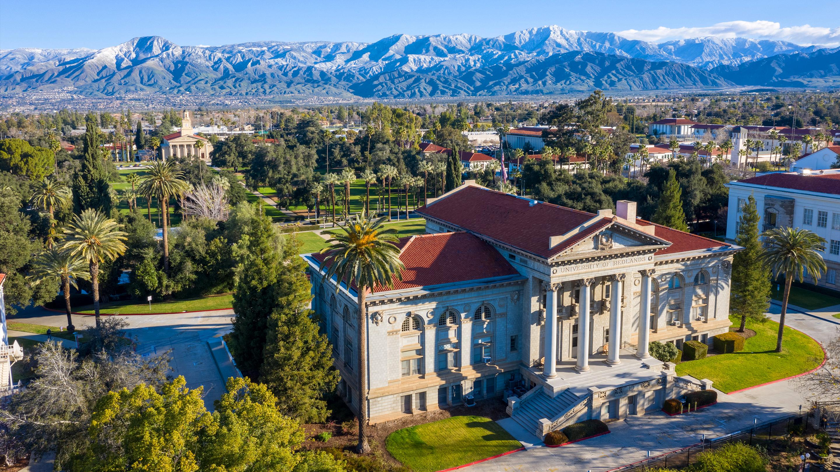 Aerial shot of the University of Redlands campus with Admin Building on bottom right.