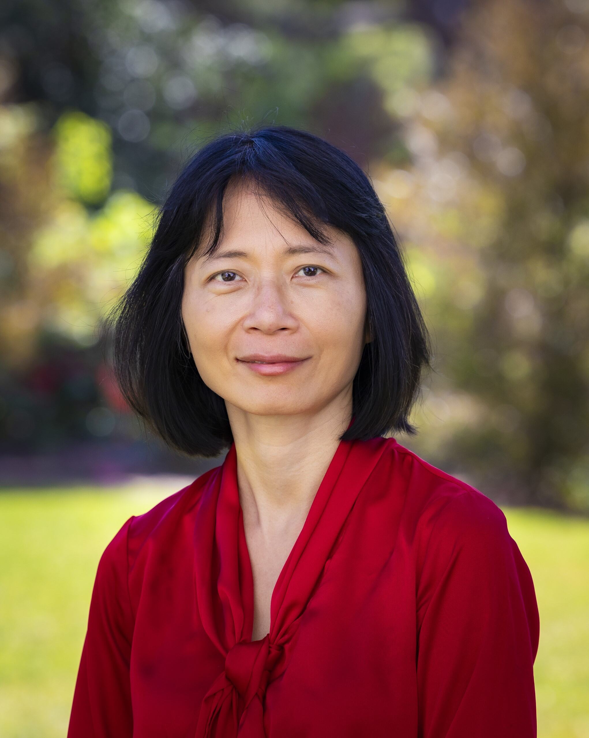 a woman in a red shirt