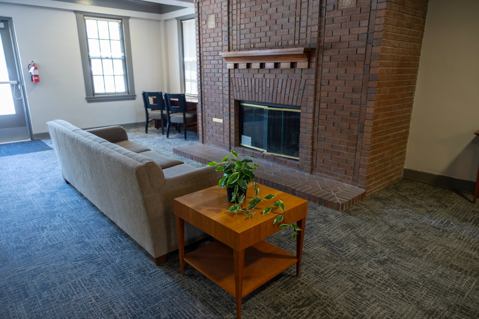 a living room with a fireplace and a plant on a table