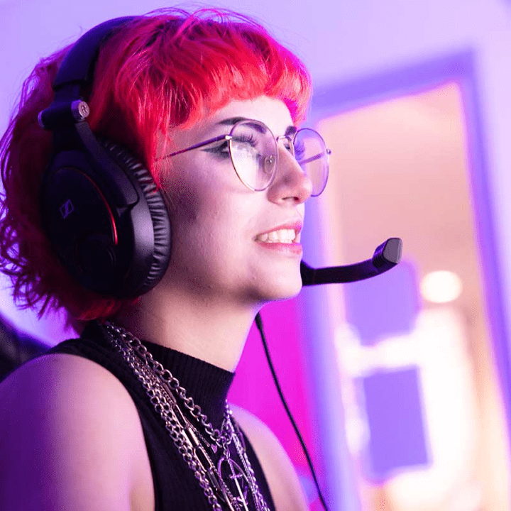 a woman wearing headphones and a microphone