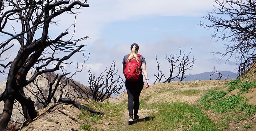 a woman walking on a hill with a red backpack