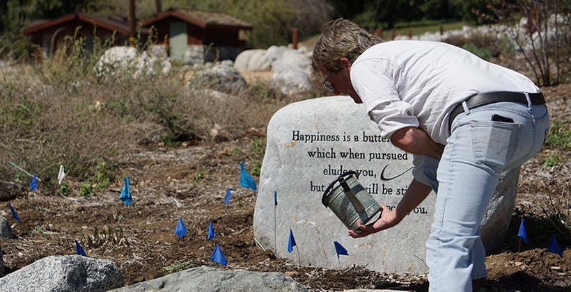a man holding a bucket next to a rock