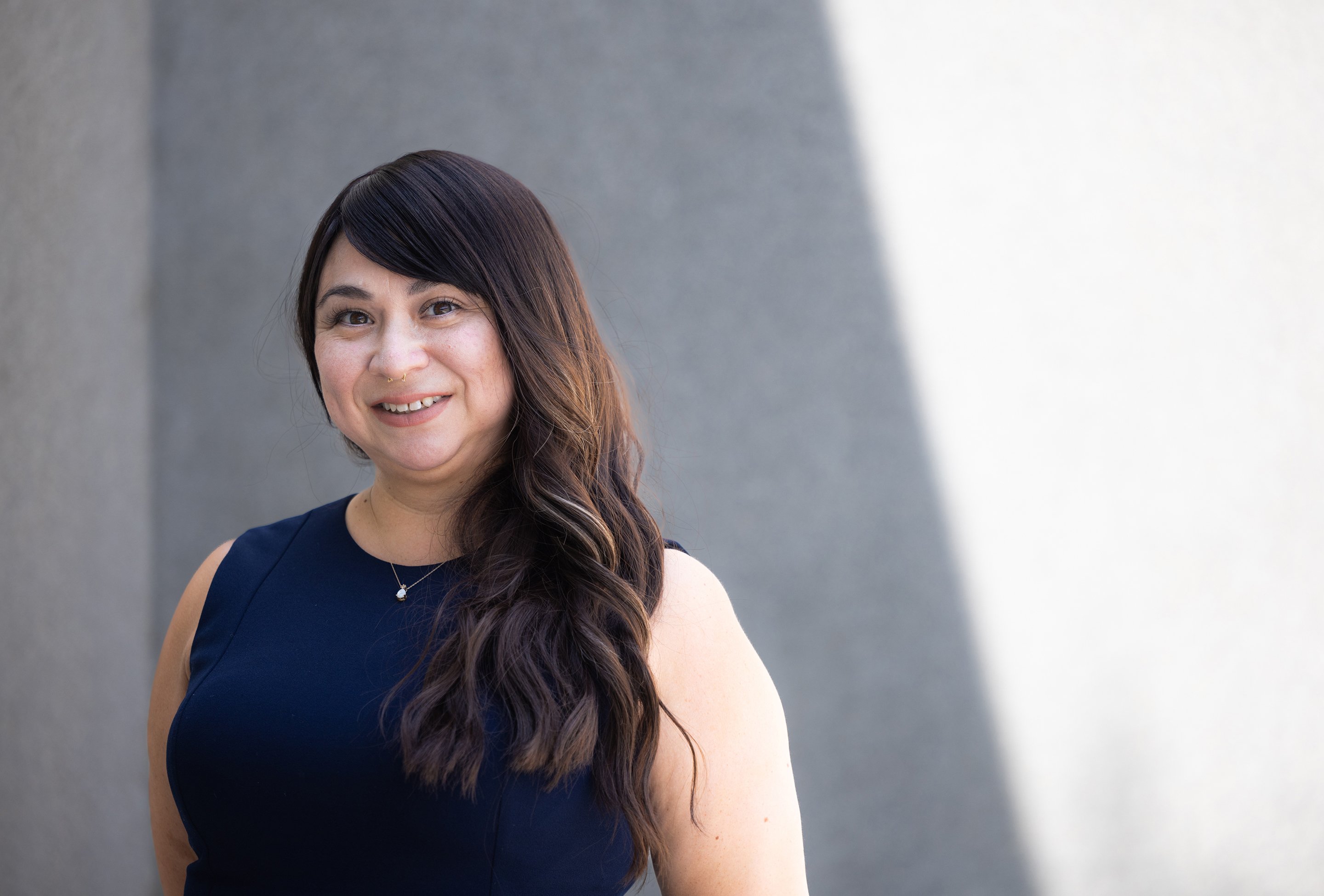 a woman in a blue dress