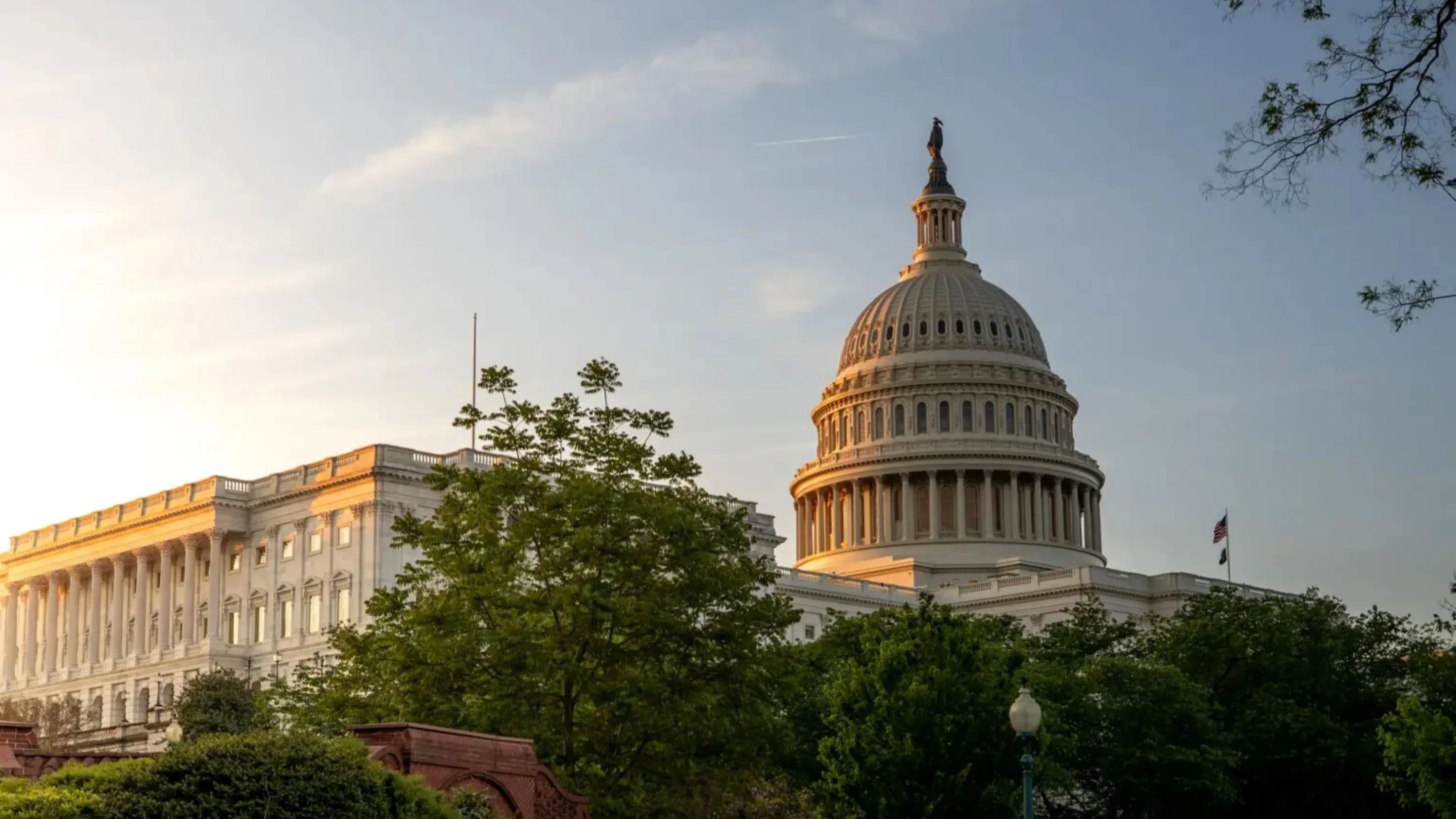 United States Capitol with a dome and trees