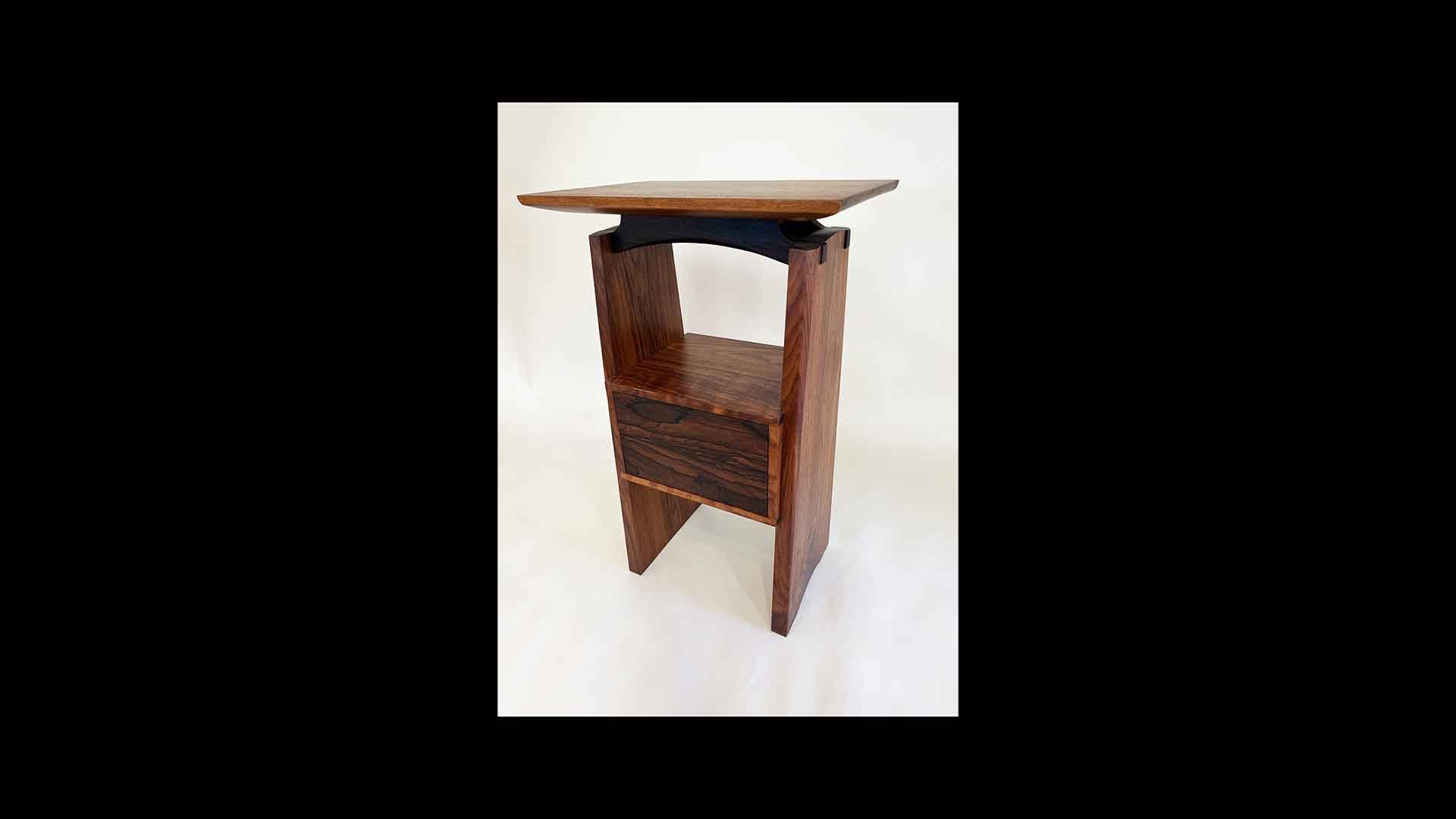 a wooden shelf with a shelf