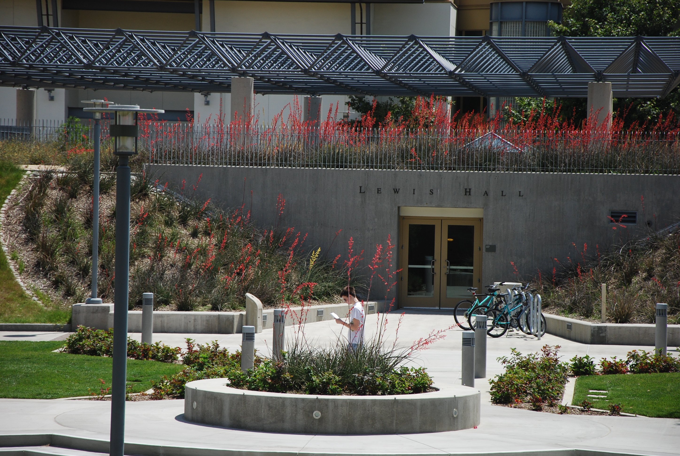 a person walking in a courtyard