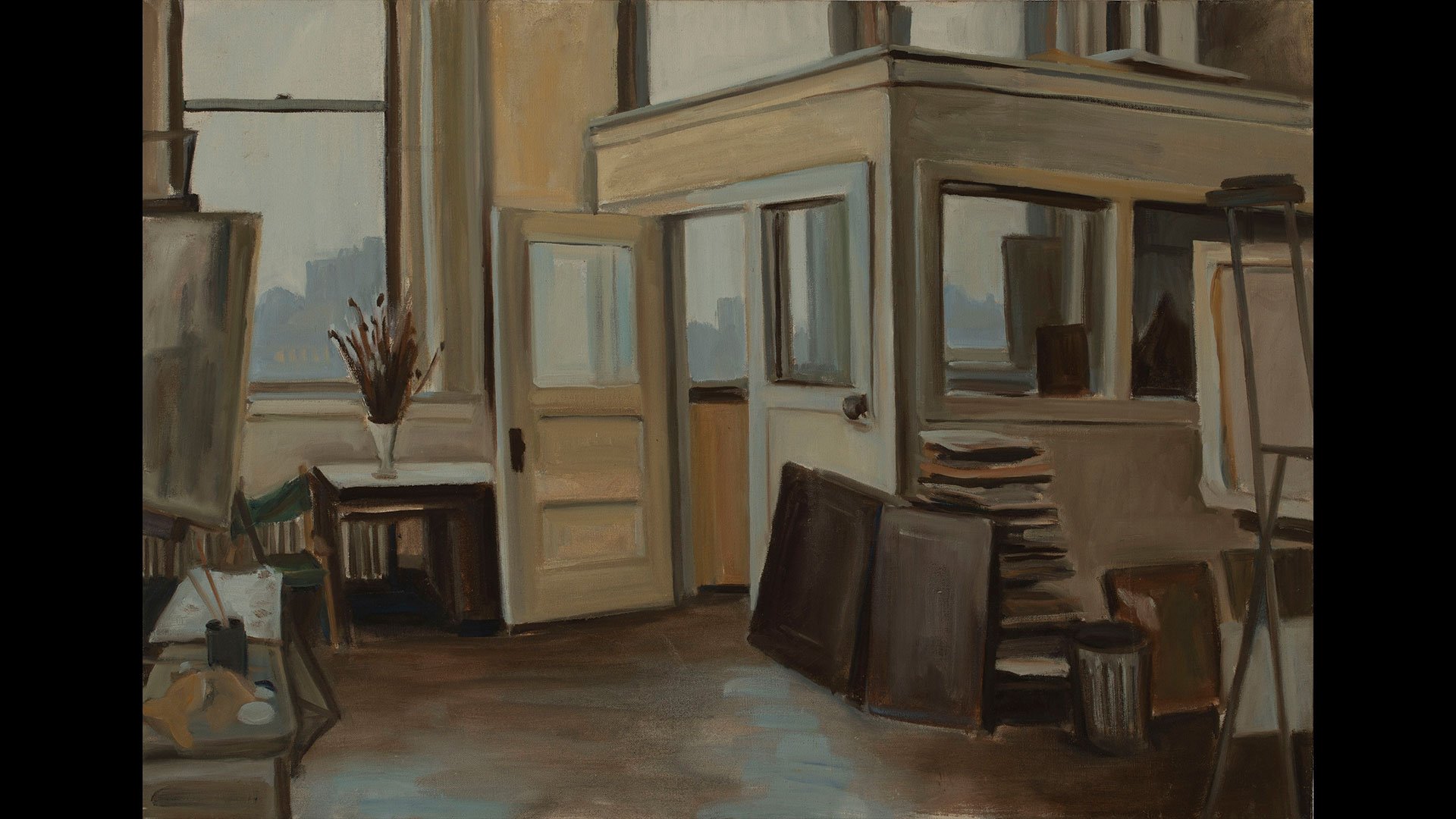 a painting of a room with a white wall and a white table