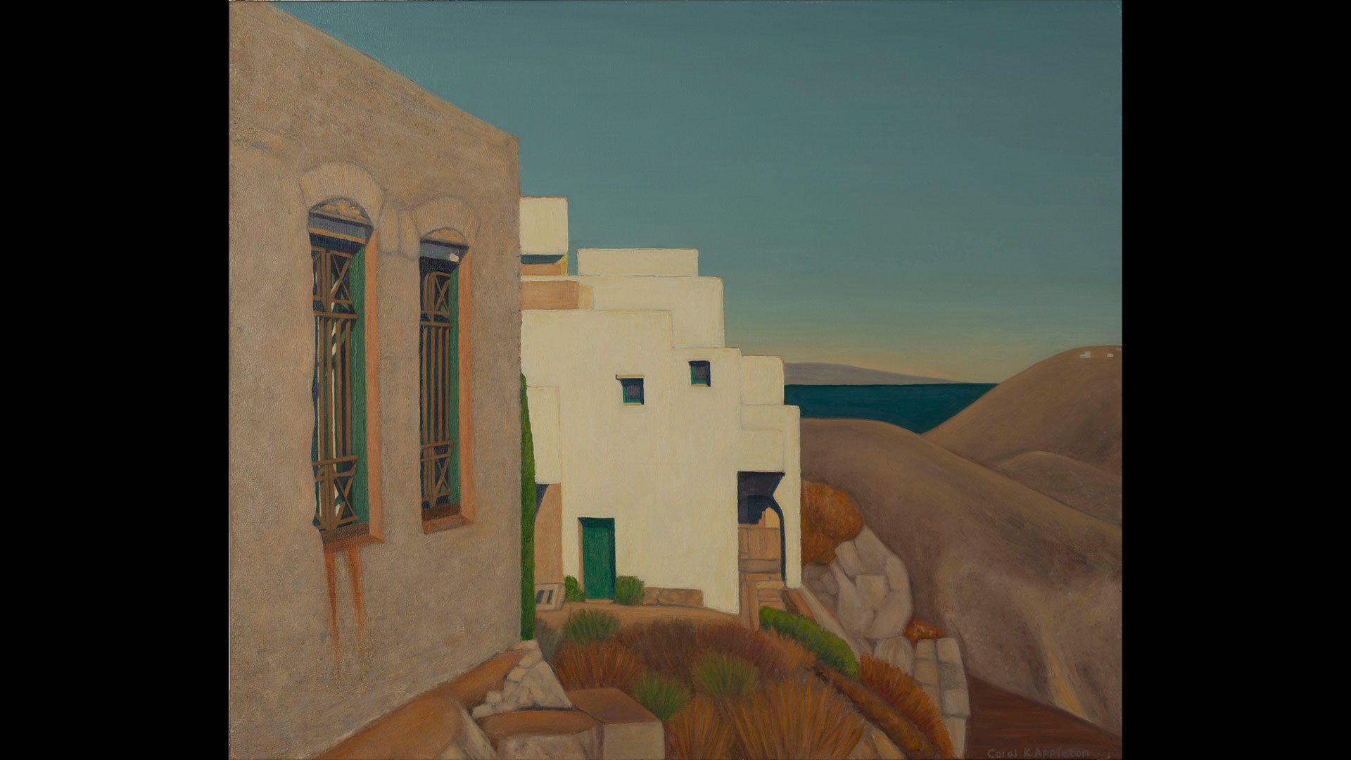 a painting of a white building next to a rocky hill