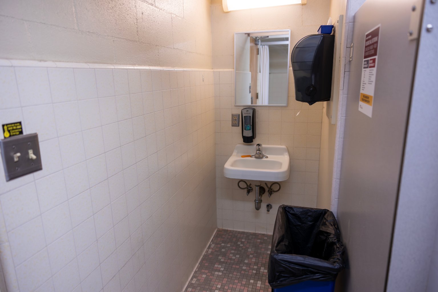 a bathroom with a mirror and a sink
