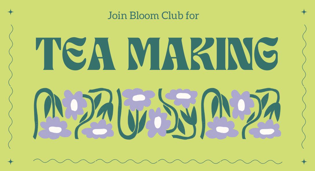 a green background with purple flowers and text