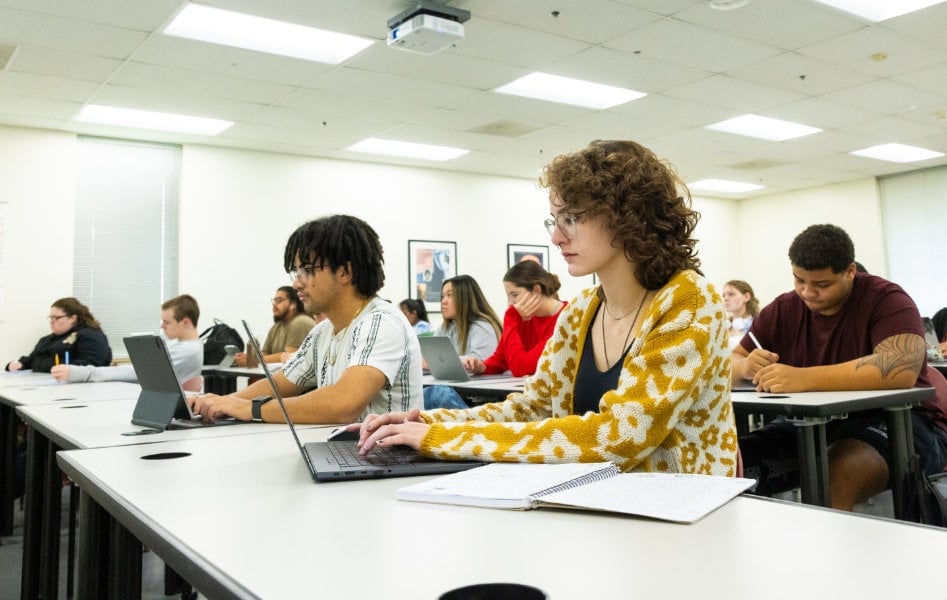 a group of people sitting at desks with laptops