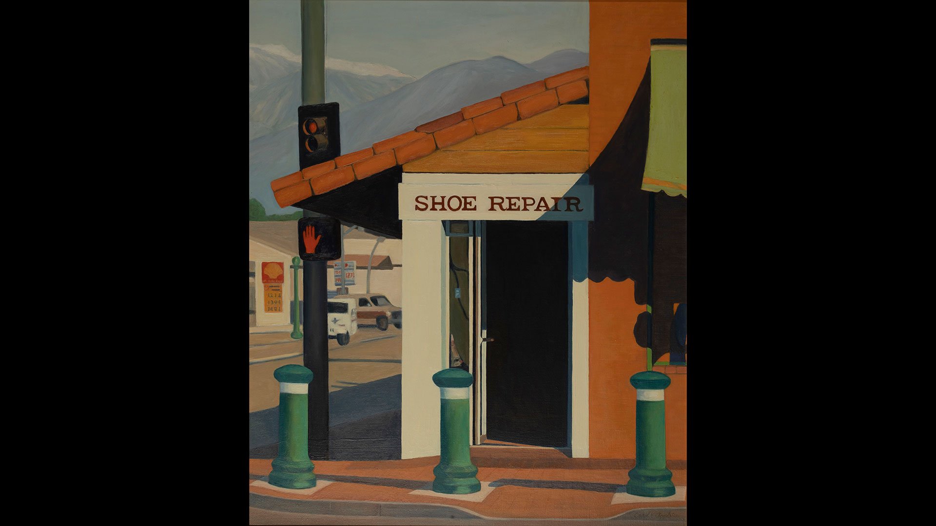 a painting of a shoe repair shop
