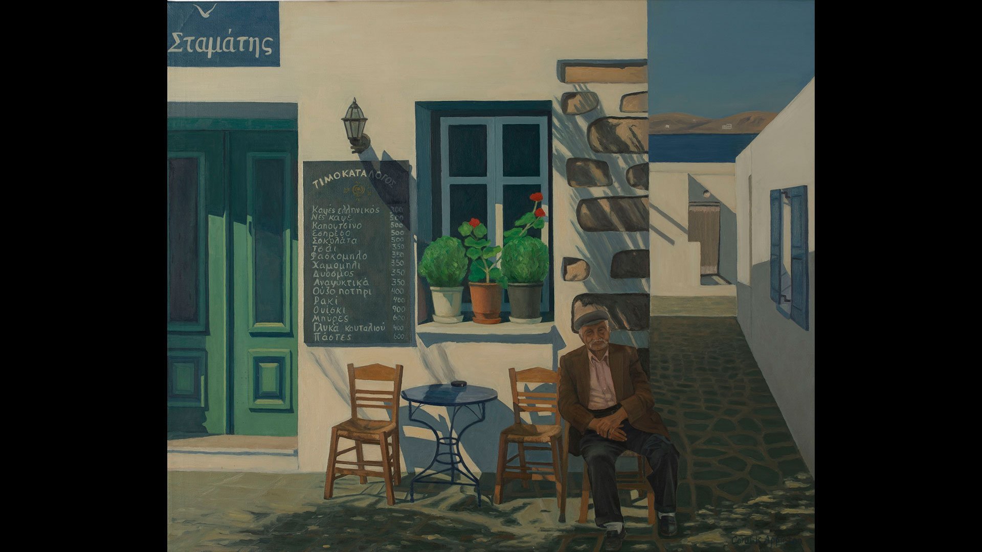 a painting of a man sitting in a chair outside a building
