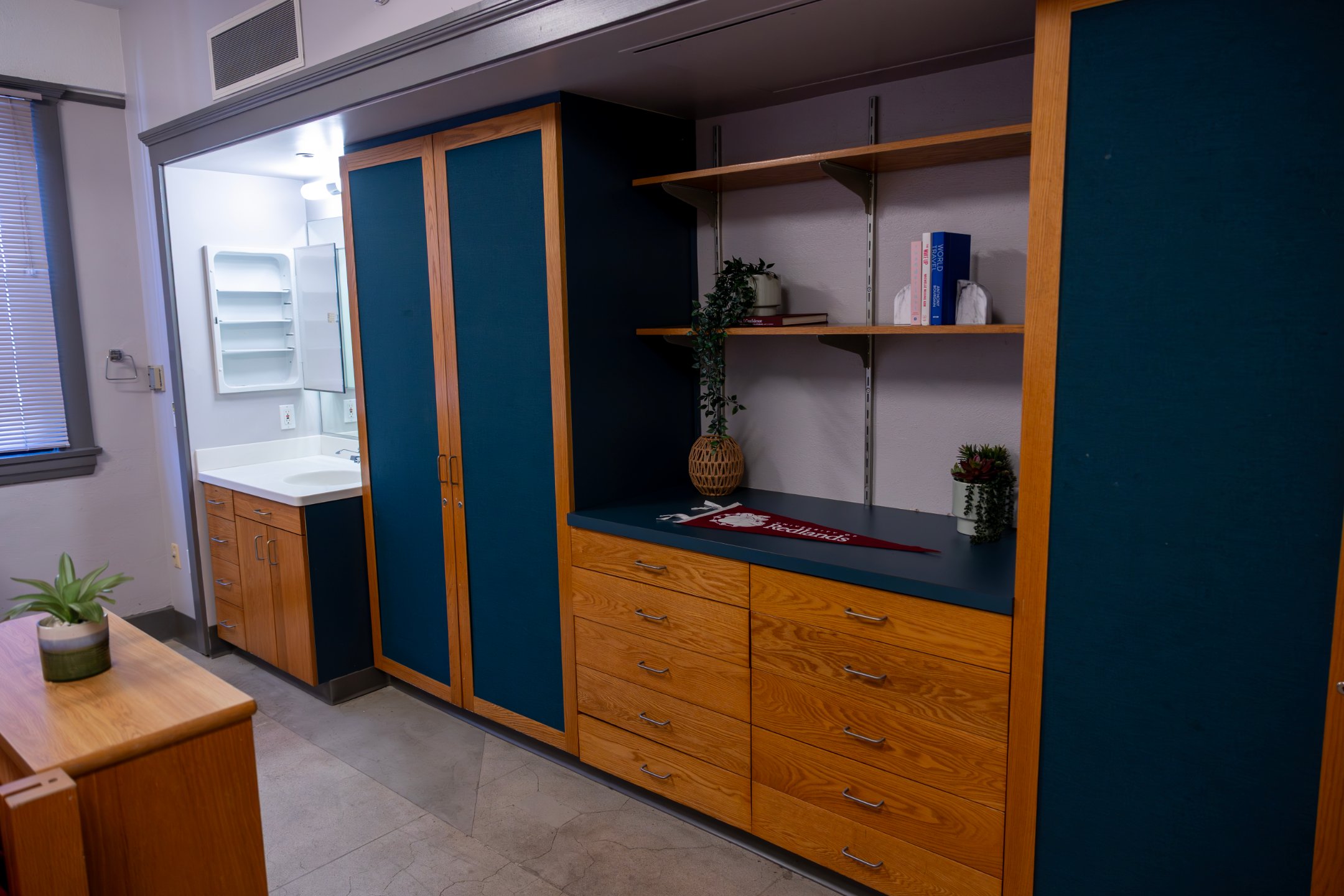 a room with blue cabinets and shelves