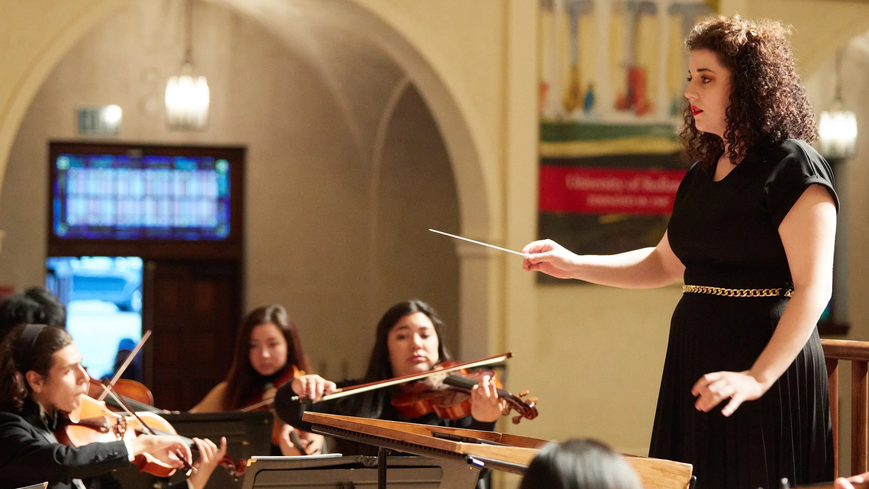 a person holding a stick and playing violin