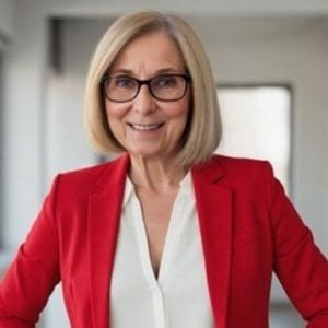 a woman in a red jacket