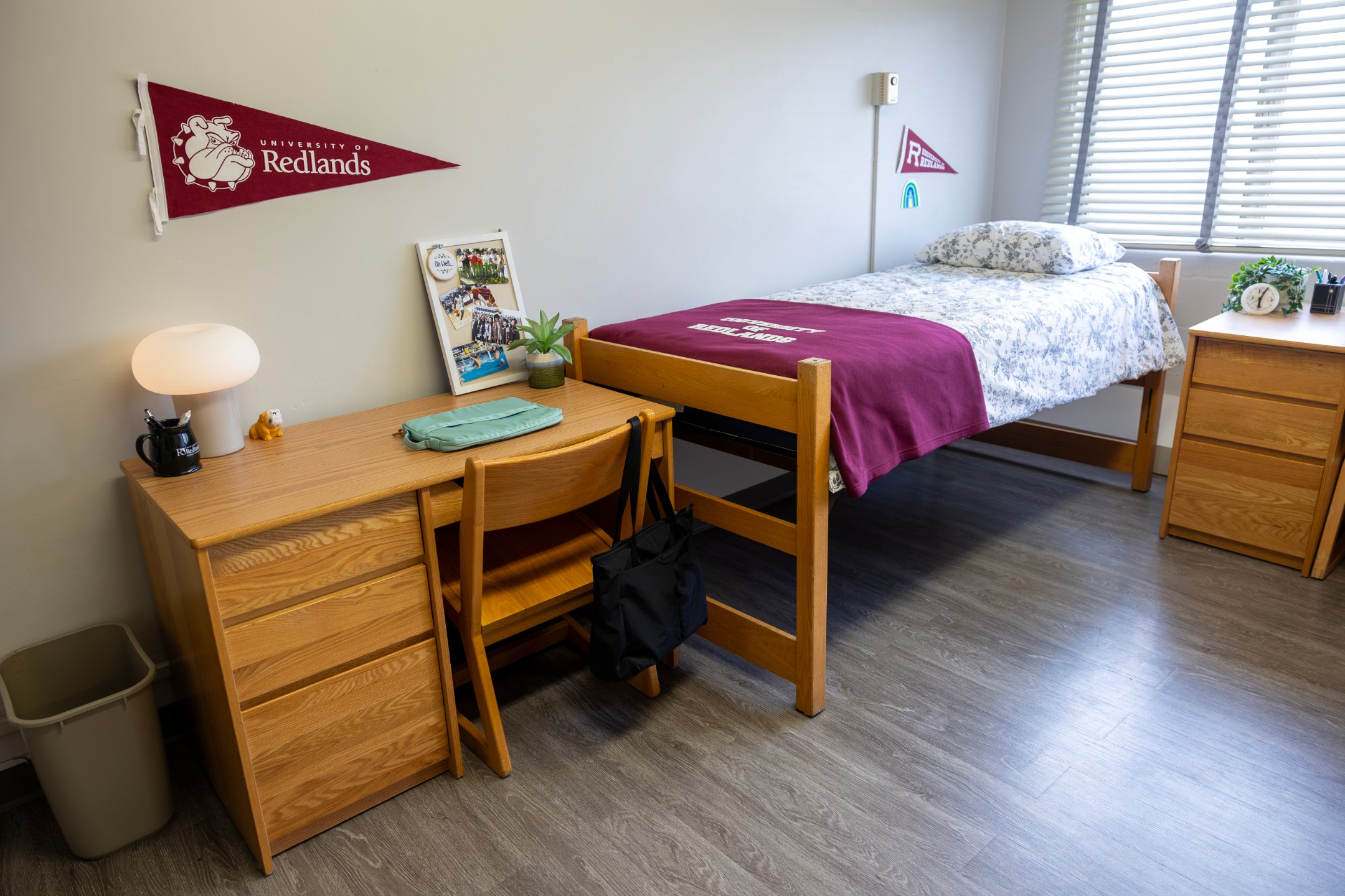 a bedroom with a desk and a bed