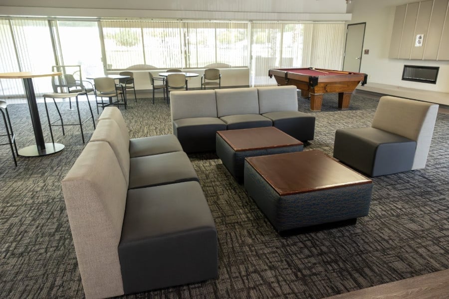 a room with a pool table and couches