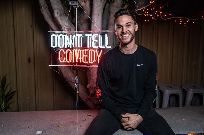 During his keynote address, Kyle Kazanjian-Amory ’14 illustrated his path from forensic accountant to founder and CEO of Don't Tell Comedy, an independent comedy production company. (Photo courtesy of Kyle Kazanjian-Amory ’14)