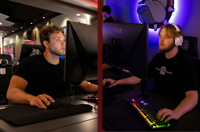 Andrew Higginson '24 (left) and Noam Larson '26 (right) at U of R's state-of-the-art esports arena