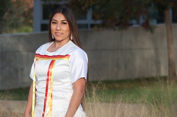 Transfer student Rebecca Aguirre Rios ’23 finds her home at University of Redlands, where she is a Communication Sciences and Disorders major and president of the Native American Student Union. (Photo by Carlos Puma)