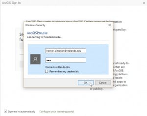ArcGIS Pro login prompt for non-university computers.