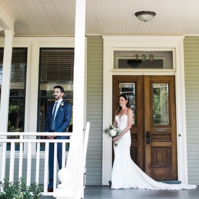 Shaw Guest House exterior with bride and groom