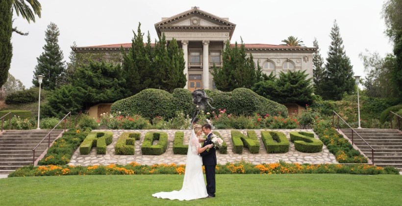 Bride and groom on Admin lawn