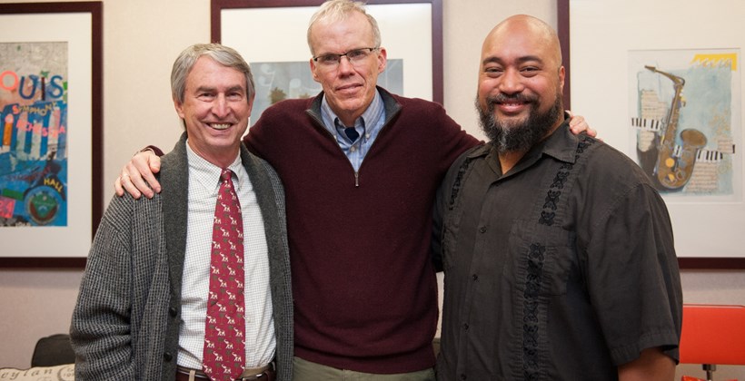 Left to right: University of Redlands Chaplain John Walsh, Bill McKibben and Chapel Events office coordinator Peter Tupou